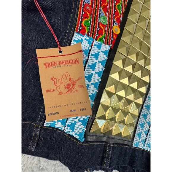 True Religion Womens M Denim CollarJacket Camden Blue Accent Embroidered - Picture 3 of 16